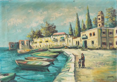 Vintage European Modernist Signed Coastal Dock Scene Original Oil Painting