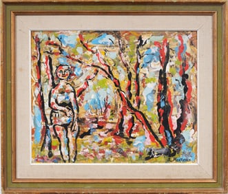 Vintage American or European Modernist Forest Interior Nude Figural Oil Painting