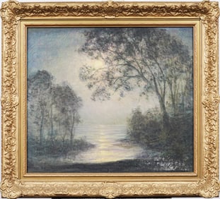 "Moonrise at Sunset" Signed Antique American Impressionist Large Framed Signed Oil Painting