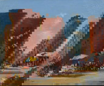 Charles Apt (B 1933) Vintage American Modernist New York Street Scene Signed Oil Painting