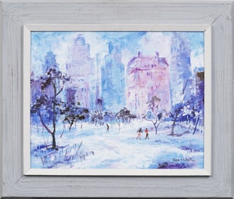 Edna Culbreth Signed Vintage American Modernist Central Park Winter Scene Framed Oil Painting