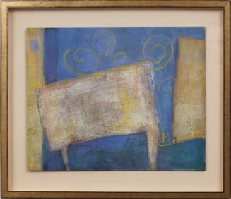 Vintage American Modernist Taos School Modernist Framed Abstract Mixed Media Painting
