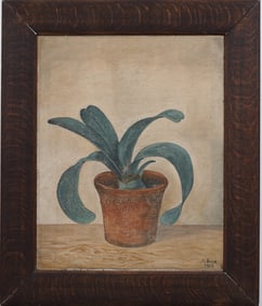 Signed 1937 Vintage American Modernist Aloe Vera Still Life Framed Oil Painting