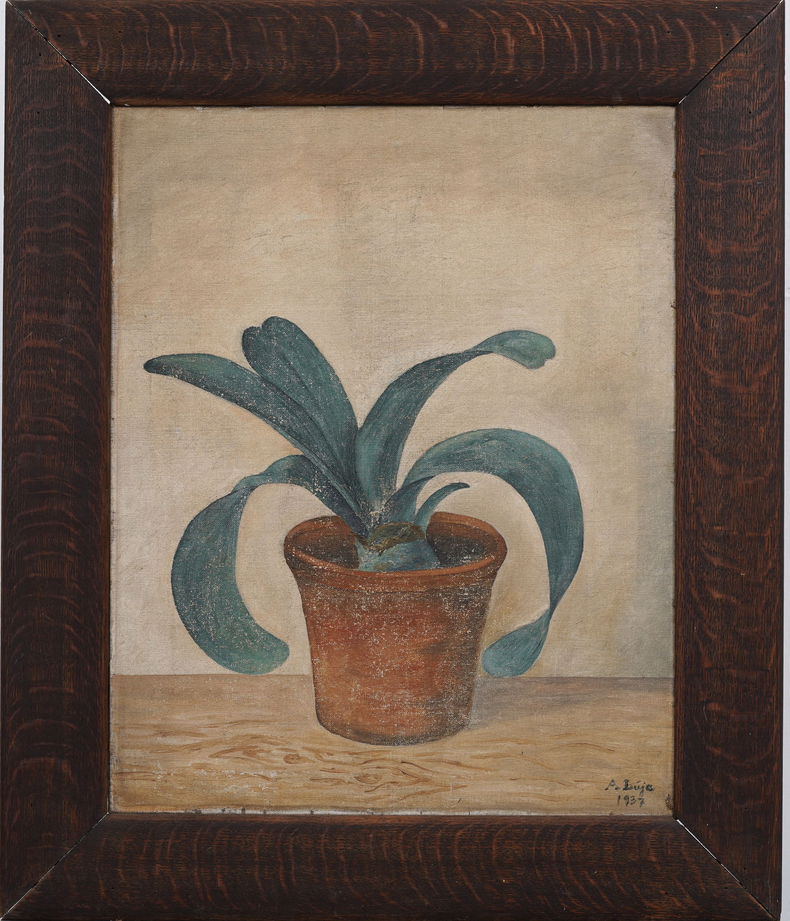 Signed 1937 Vintage American Modernist Aloe Vera Still Life Framed Oil Painting (1 of 5)