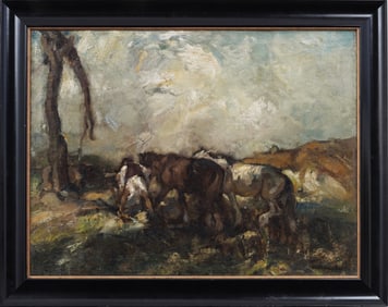 Antique European Signed Impressionist Framed Horse Portrait Landscape Oil Painting