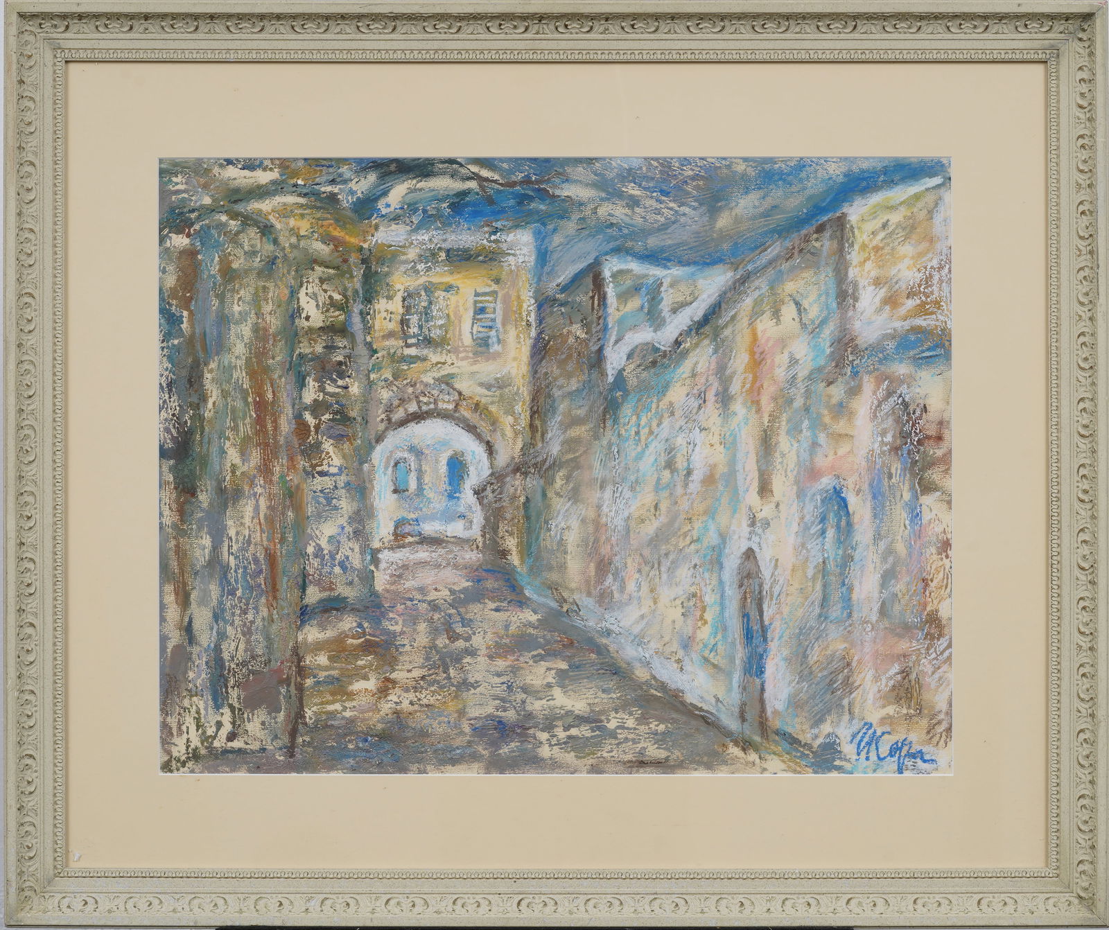 Vintage American or European Signed Modernist Street Scene Framed Mixed Media Painting: Vintage American or European street scene painting. Pastel on paper. Signed. Measuring: 26 by 31 inches overall, and 17 by 22 painting alone. Please see all images for condition. Size is measured and