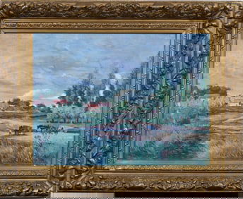 Antique French Impressionist Framed Barbizon School Signed Farm Landscape Oil Painting