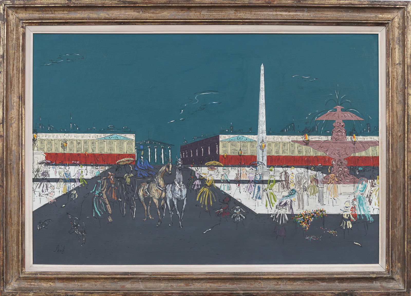 Janine Janet (1913 - 2000) Vintage French Modernist Paris Street Scene Large Framed Oil Painting: Vintage French Paris modern street scene oil painting by Janine Janet (1913 - 2000). Oil on canvas. Signed. Measuring: 30 by 43 inches overall, and 24 by 36.25 painting alone. Please see all images fo