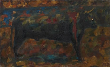 Vintage American School Spanish Bull Portrait Modernist Monogrammed Oil Painting