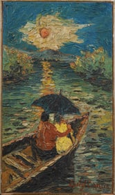 Luigi Ciancia (1926 - 1992) Vintage Italian Modernist Figural Sunset Seascape Signed Oil Painting