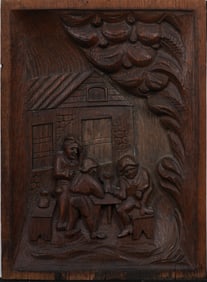 Vintage or Antique Carved Wood Tavern Scene Relief