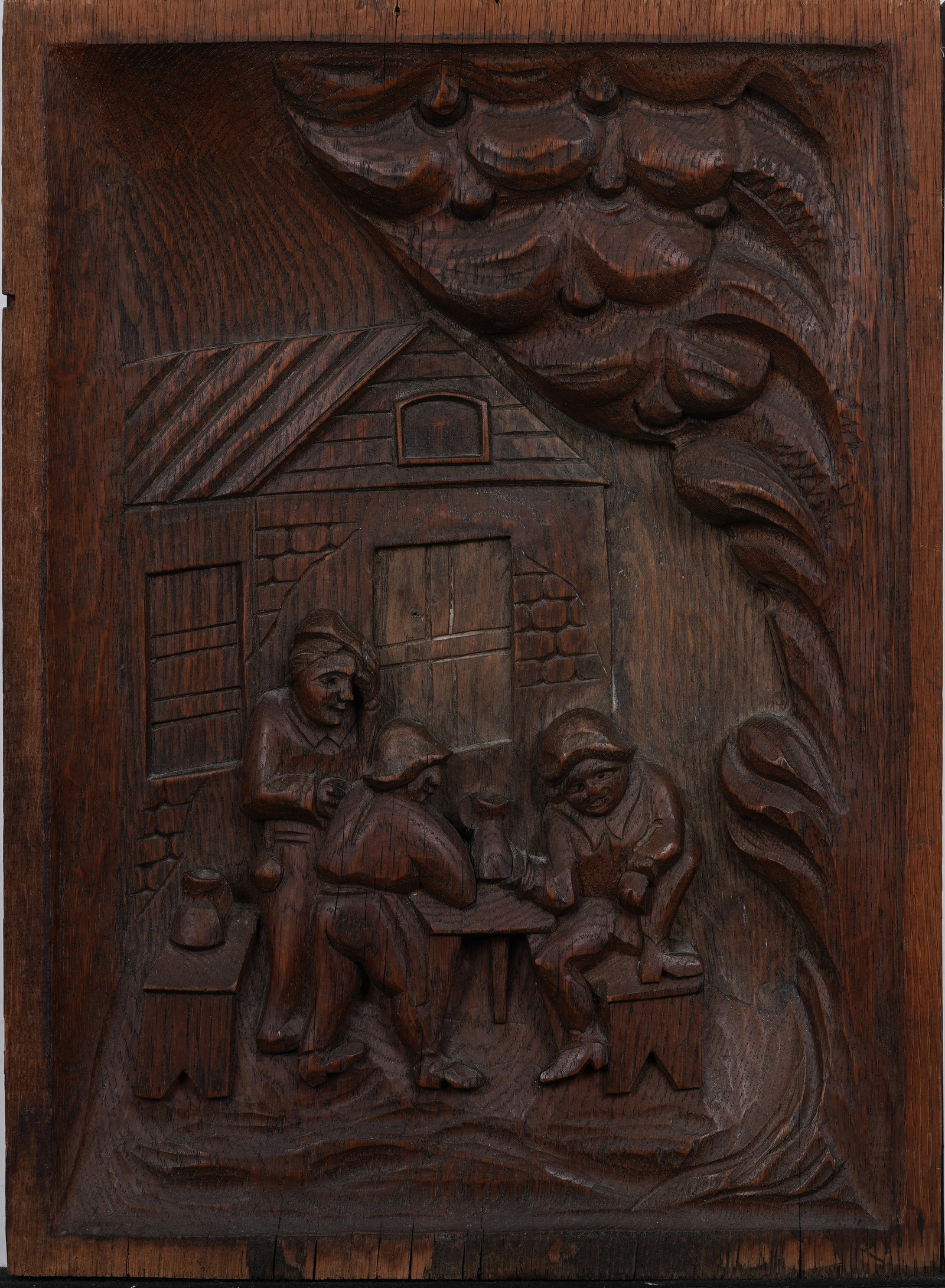 Vintage or Antique Carved Wood Tavern Scene Relief: Vintage European carved wood relief. Measuring: 14 by 19 inches overall. Please see all images for condition. Size is measured and written on the back of the painting or next to each object. The first
