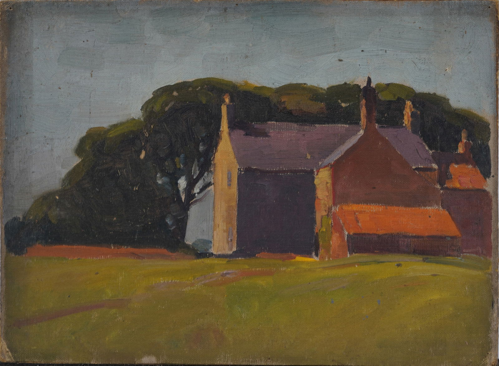 Vintage American Modernist Sunset Barn Landscape Oil Painting (1 of 4)