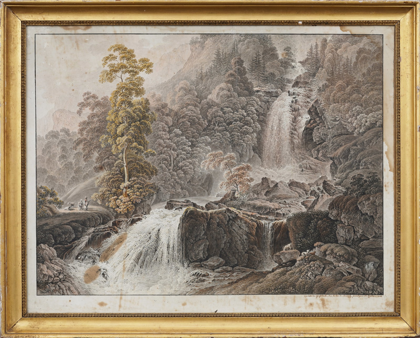 Heinrich Rieter (1751 - 1818) Antique Print "Cascade du Giessbach, sur le lac de Brientz": Antique German print. Measuring: 22 by 28 inches overall, and 17 by 22 painting alone. Please see all images for condition. Size is measured and written on the back of the painting or next to each obj