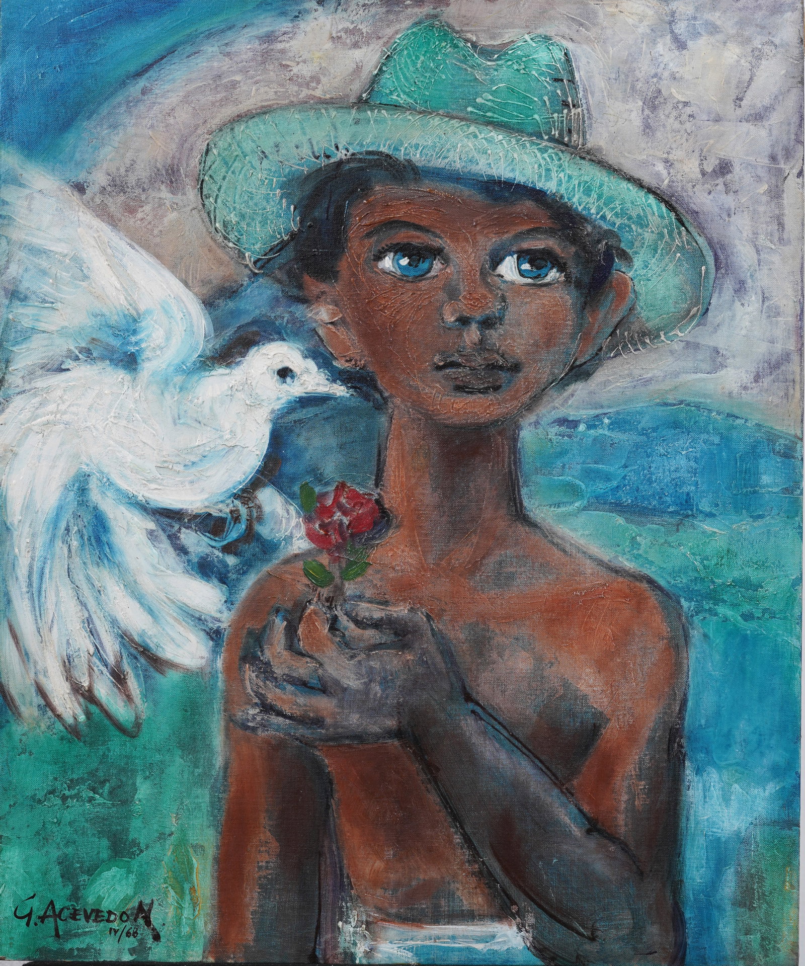 Guillermo (GMO) Acevedo (1920 - 1988) Vintage American Modernist Signed Portrait Oil Painting: Vintage American oil painting. Oil on canvas lain to board. Signed. Measuring: 24 by 20 inches overall. Please see all images for condition. Size is measured and written on the back of the painting or