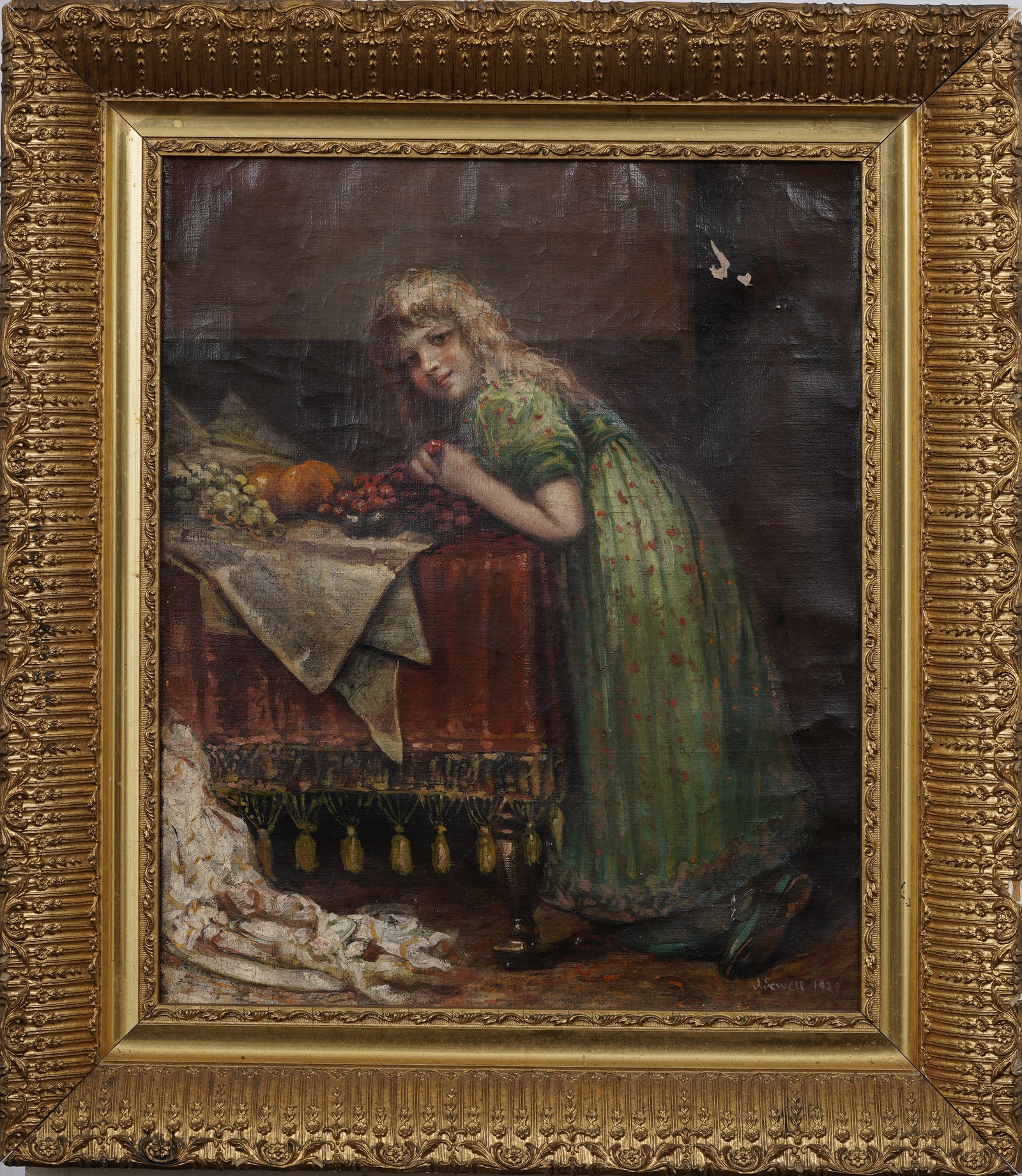 Antique American Impressionist Framed Young Girl Portrait Signed Sewell Oil Painting: Vintage American oil painting. Oil on canvas. Signed. Measuring: 23 by 20 inches overall, and 17 by 14 painting alone. Please see all images for condition. Size is measured and written on the back of