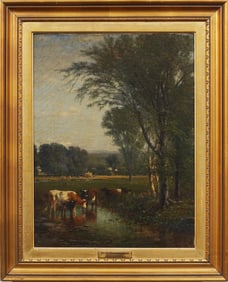 James McDougal Hart (1828 - 1901) "On the Housatonic" Hudson River School Cow Landscap Oil Painting