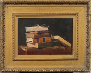 William Cornell Carney Antique American Realist Nicely Framed Book Still Life Oil Painting