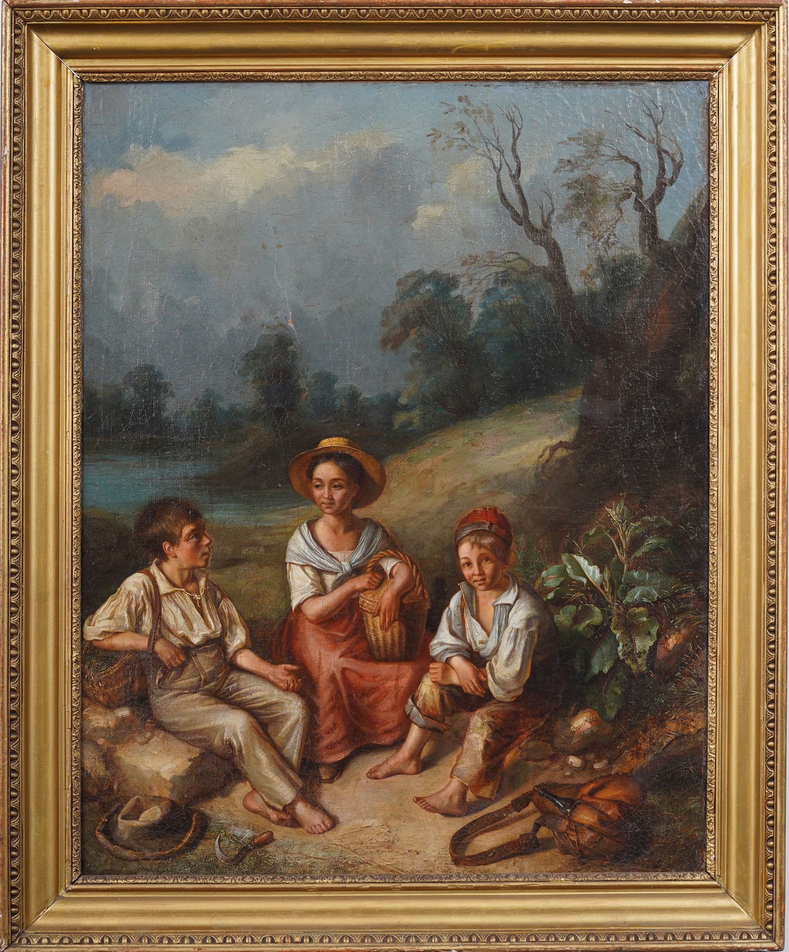 Antique Large Continental School Framed Genre Scene Family Portrait Oil Painting (1 of 6)