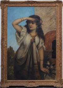 Large Antique Finely Painted European Realist Woman Portrait Framed Oil Painting