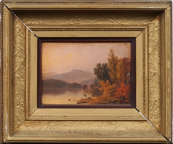 Antique American Luminous Hudson River School Landscape Framed Oil Painting