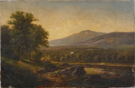 Antique American Finely Detailed Luminous Hudson River School Valley Landscape Oil Painting