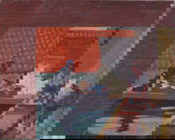 Vintage European Laundry Scene Interior View Modernist Oil Painting