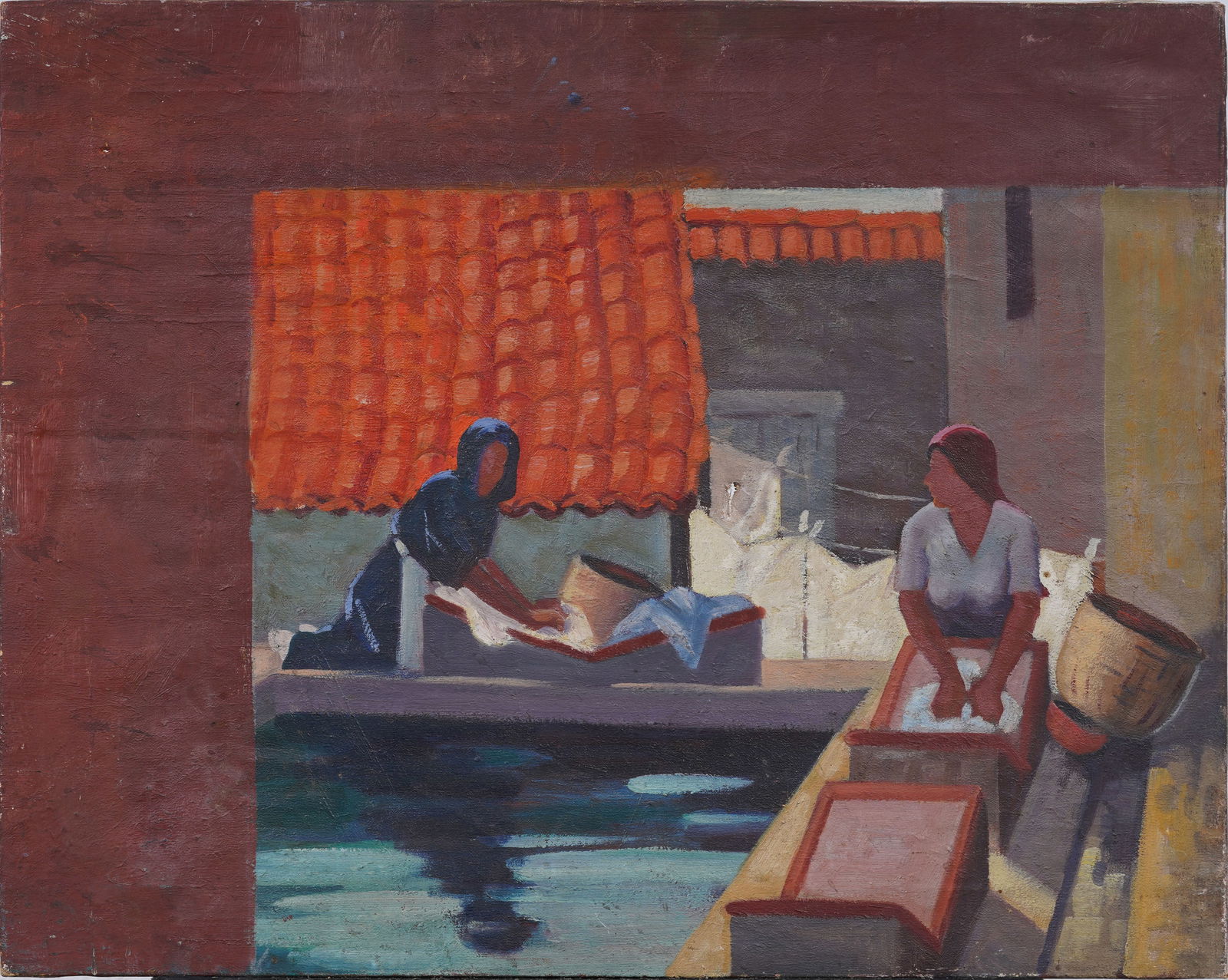 Vintage European Laundry Scene Interior View Modernist Oil Painting (1 of 6)