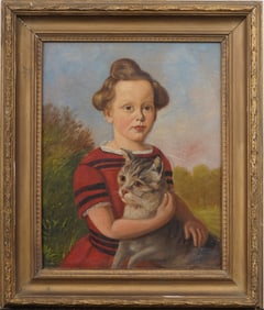 Antique American Folk Art Young Girl and Cat Portrait Framed Modernist Oil Painting