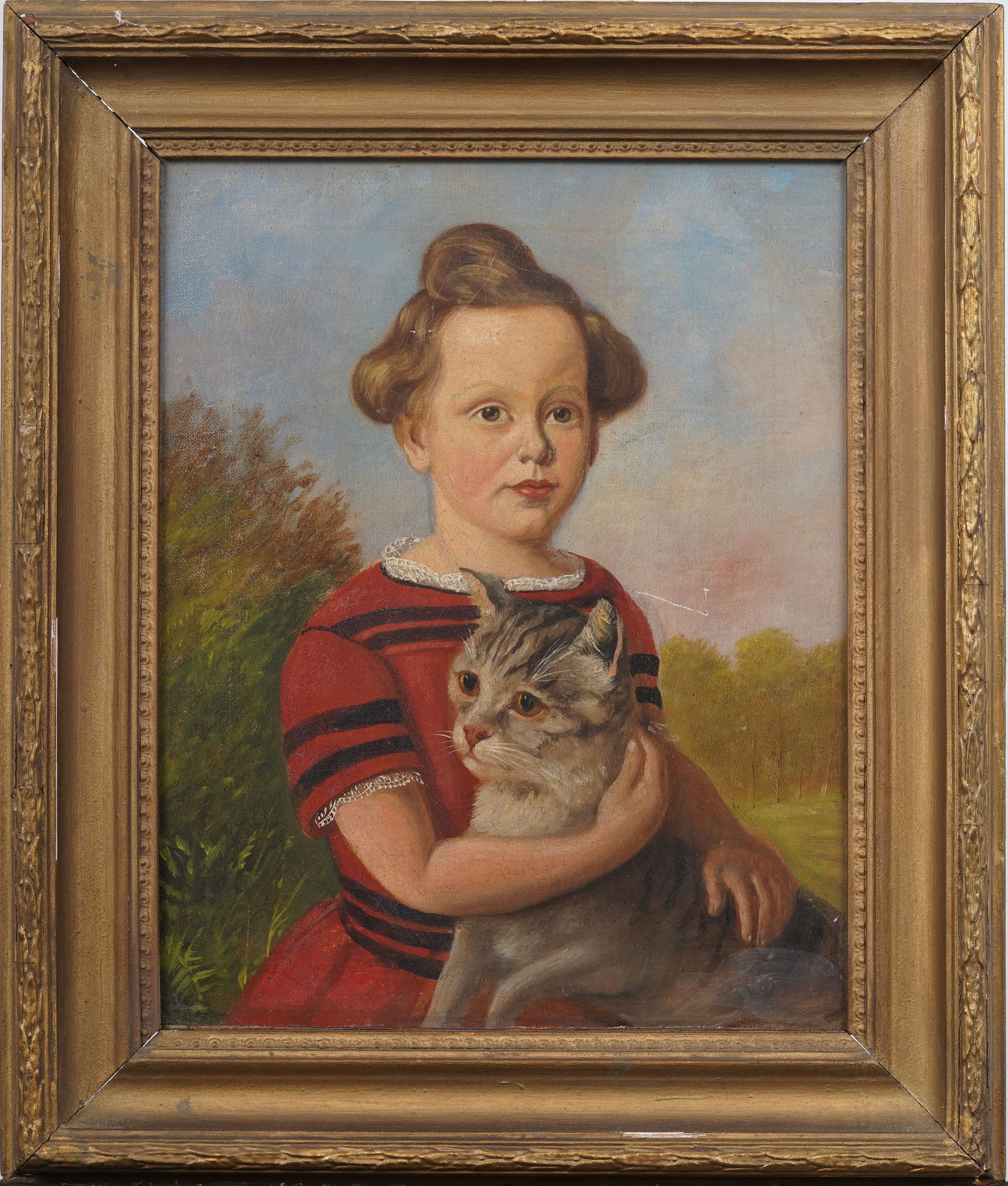 Antique American Folk Art Young Girl and Cat Portrait Framed Modernist Oil Painting (1 of 6)