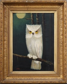 Antique American Realist Snow Owl Nocturnal Framed Monogrammed Moonlit Oil Painting