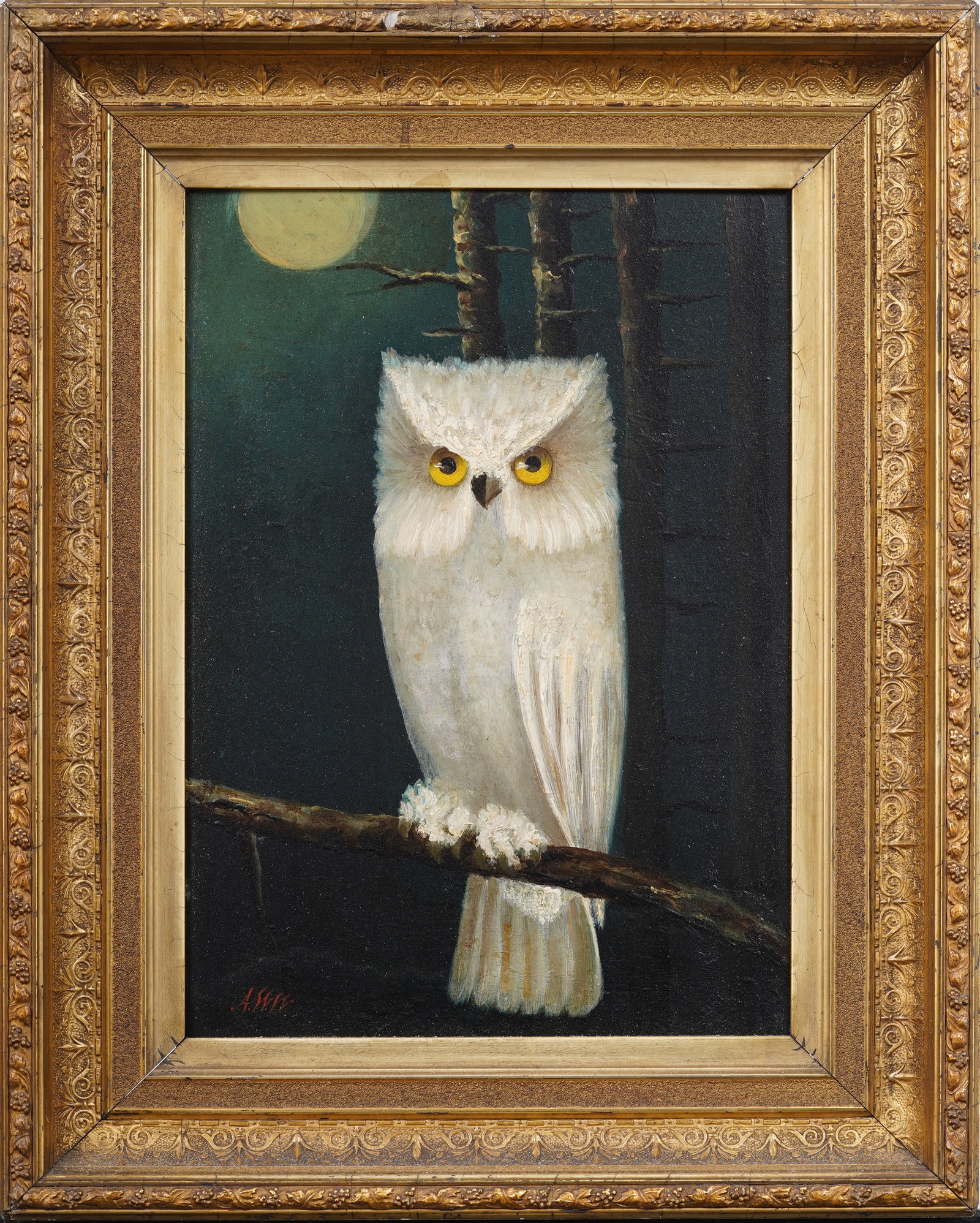 Antique American Realist Snow Owl Nocturnal Framed Monogrammed Moonlit Oil Painting (1 of 8)