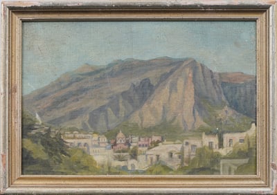 Vintage Mediteranean Mountain Village Town Scene Framed Original Oil Painting