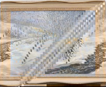 Vintage American Impressionist Winter Landscape Signed Framed Oil Painting After Edward Redfield