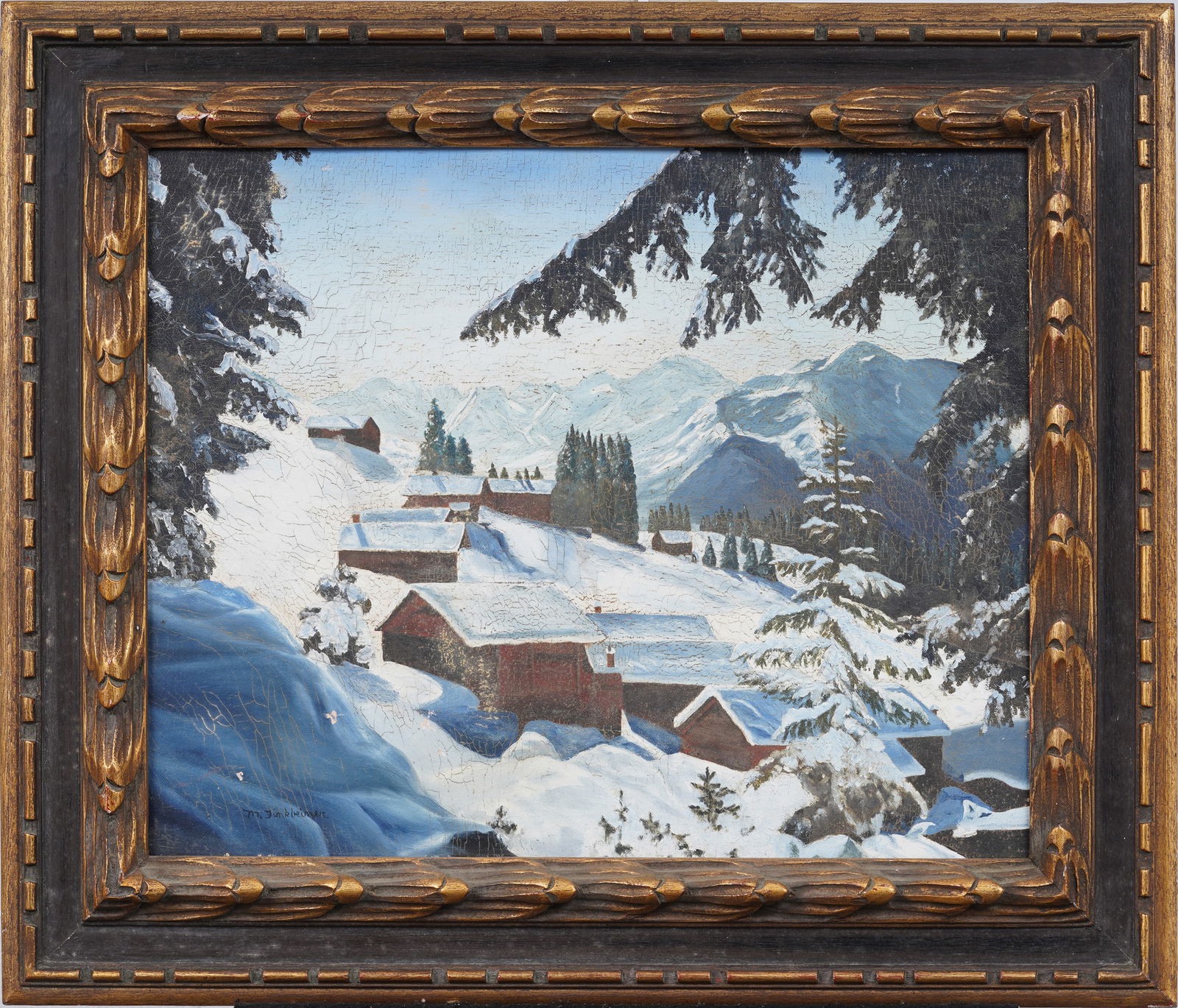 Signed Vintage European Impressionist Winter Village Snowy Landscape Framed Oil Painting (1 of 8)