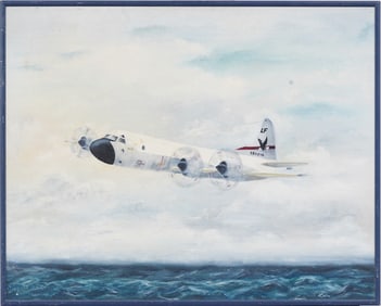 Lockheed P-3 Orion Vintage American Navy Plane Seascape Framed Modernist Oil Painting