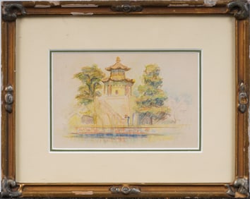 Vintage Chinese Temple Landscape Nicely Framed Impressionist Painting