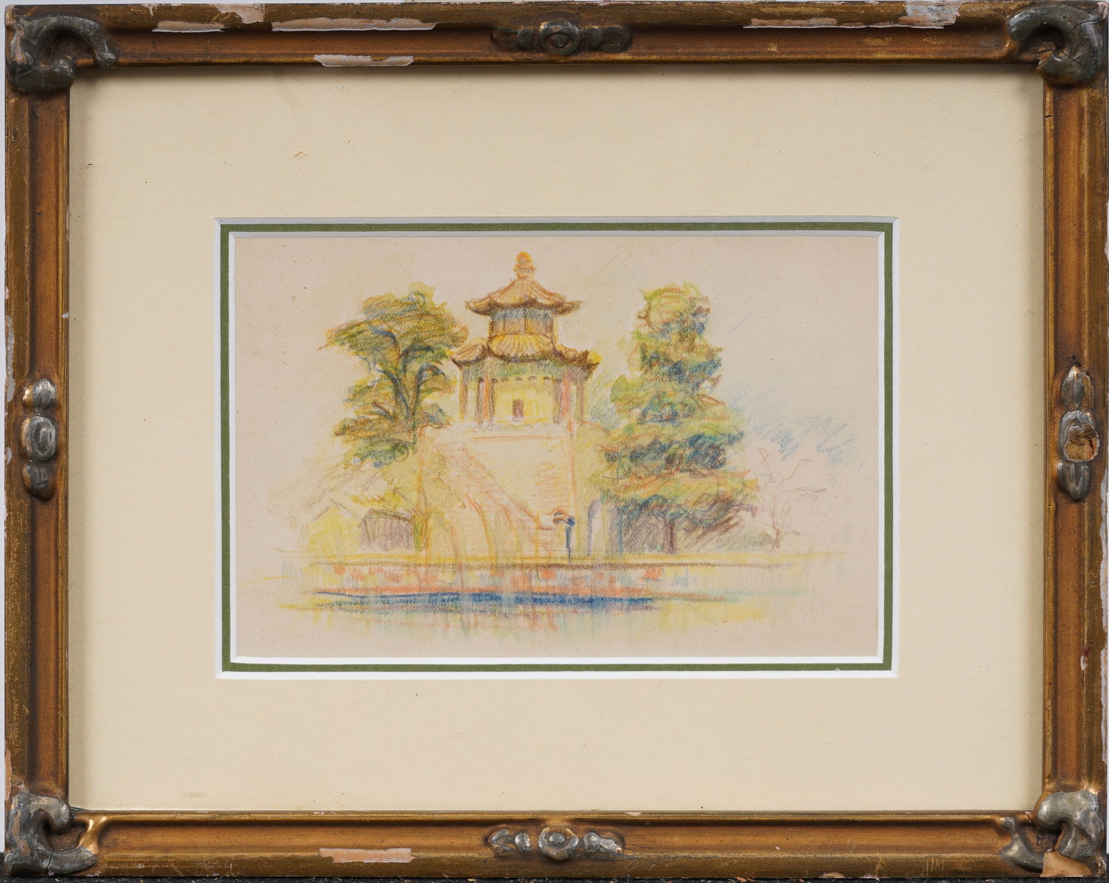 Vintage Chinese Temple Landscape Nicely Framed Impressionist Painting: Vintage Chinese landscape painting. Measuring: 8 by 10 inches overall, and 4 by 6 painting alone. Please see all images for condition. Size is measured and written on the back of the painting or next 