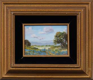 Signed Vintage American Impressionist Texas Bluebonnet Framed Landscape Signed Oil Painting