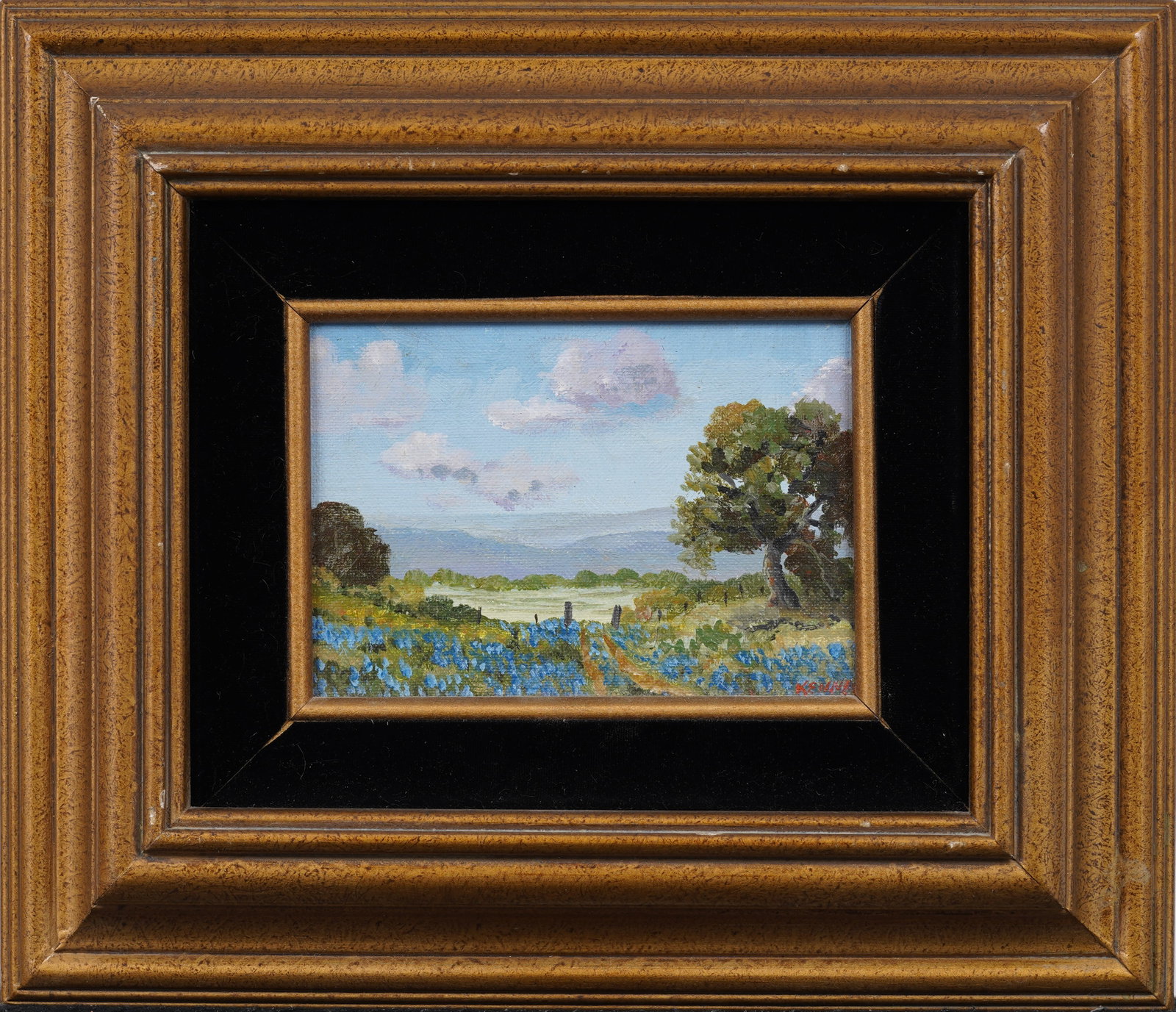 Signed Vintage American Impressionist Texas Bluebonnet Framed Landscape Signed Oil Painting: Vintage American oil painting. Measuring: 12 by 14 inches overall, and 5 by 7 painting alone. Please see all images for condition. Size is measured and written on the back of the painting or next to e