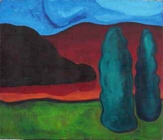 Vintage American Modernist Abstract Landscape Fauvist Palette Oil Painting