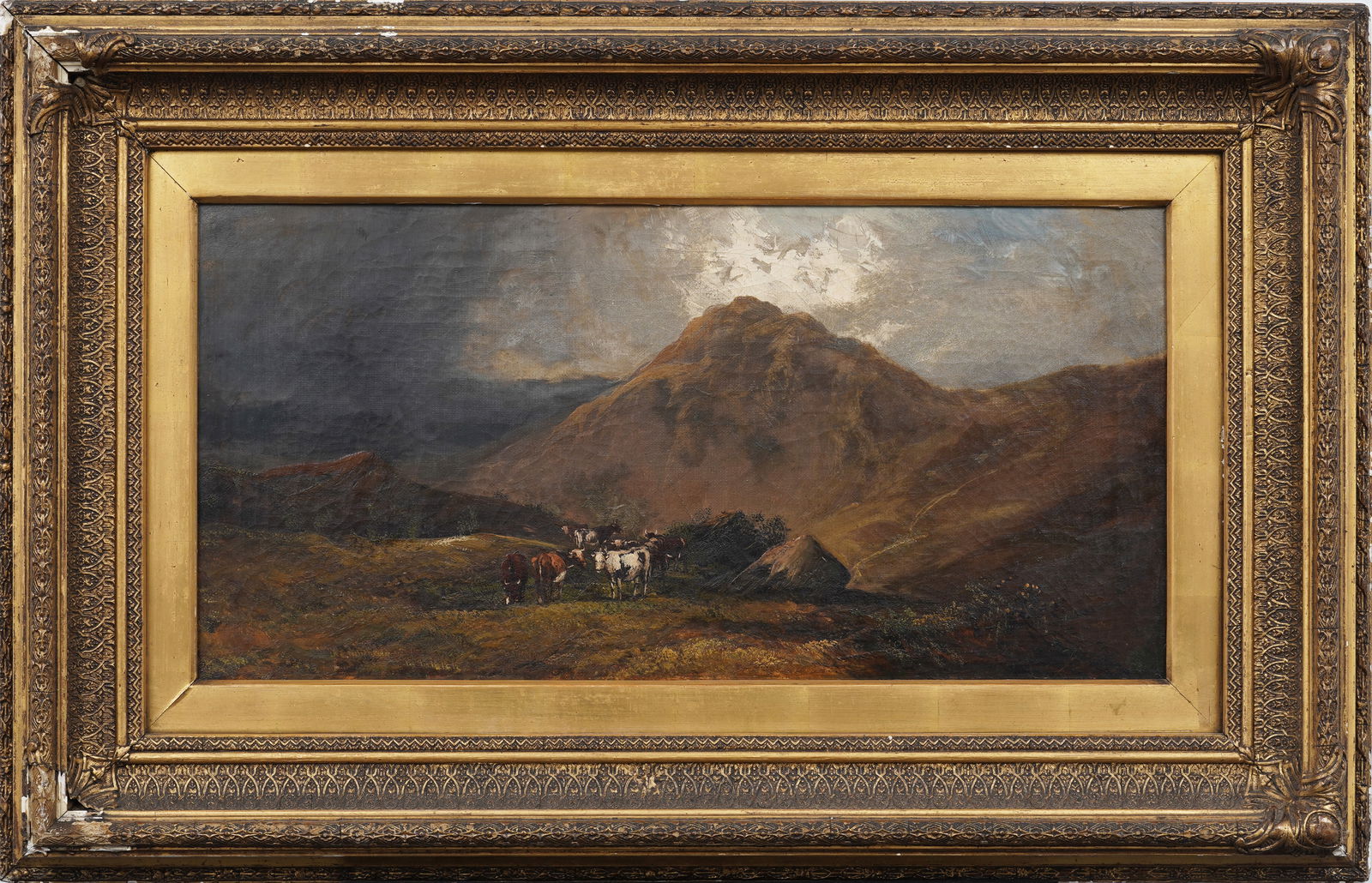 Large Antique European Luminous Cloudscape Nicely Framed Cow Grazing Landscape Oil Painting (1 of 8)