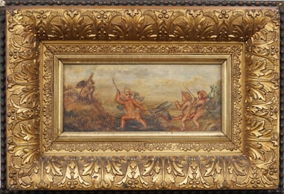 Antique Framed European Impressionist Cherub Cupid Portrait Framed Original Oil Painting