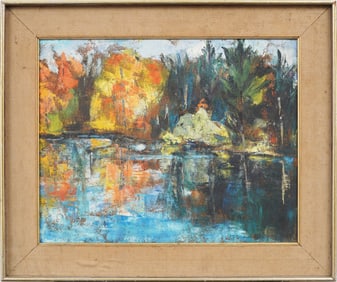 Vintage American Modernist Fall Landscape Framed Original Oil Painting