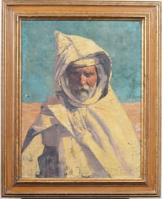 Adriaan Martin De Groot (1870 - 1942) Orientalist Portrait of Bedouin Man Framed Signed Oil Painting