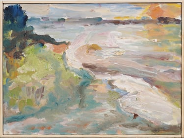 Vintage American Modernist Abstract Coastal Landscape Framed Oil Painting