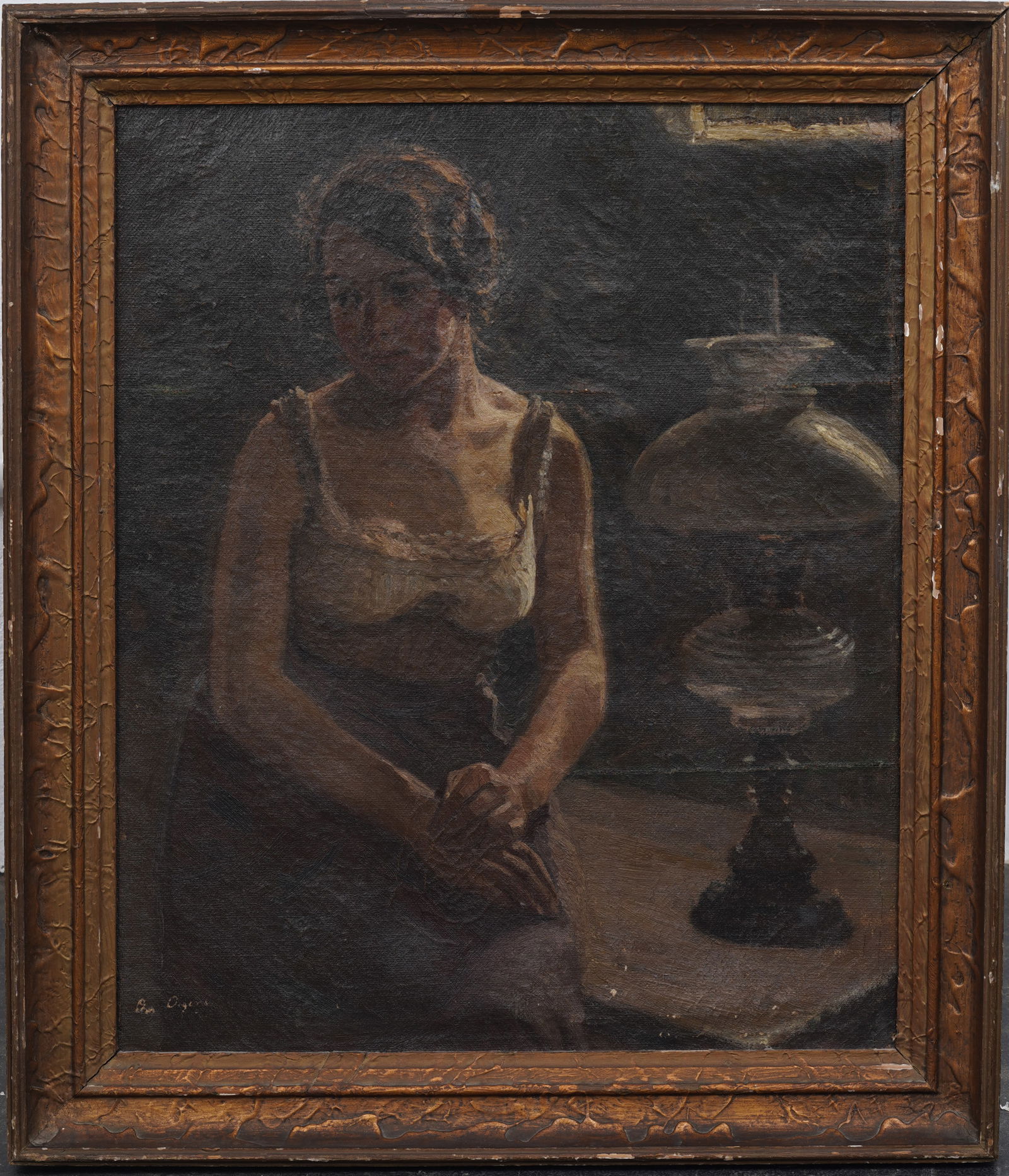 Large Vintage American Modernist Moody Interior Scene Frame Portrait Signed Oil Painting (1 of 7)