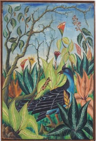 Adam Leontus (1928 - 1986) Vintage Haitian Modernist Tropical Bird Portrait Framed Oil Painting