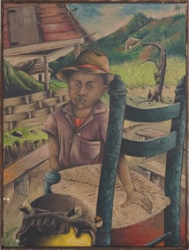 Jacques-Enguerrand Gourgue (1930-1996) Vintage Haitian Modernist Landscape Portrait Oil Painting