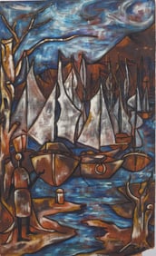 Large Vintage Signed Haitian Modernist Seascape Oil Painting